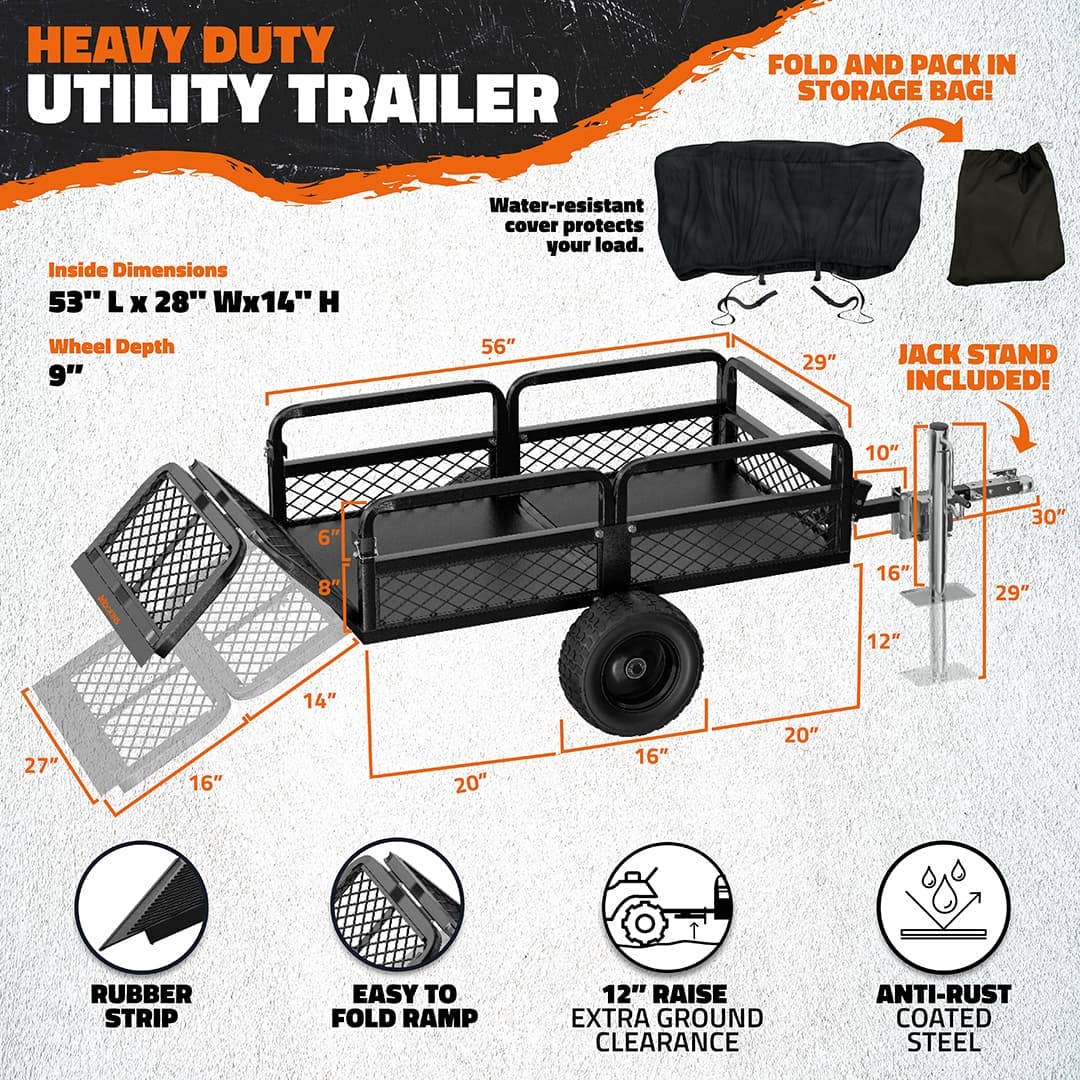 mockins - Wholesale Sporting Accessories - 55"x30"x15" Utility Trailer with Ramp & Attachable Jack Stand1