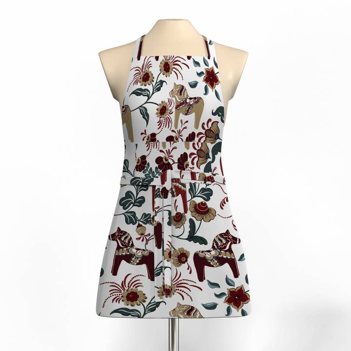 Leksand Wijnrood/Beige/Turkoois Schort Met Zak voor wholesale door Arvidssons Textil