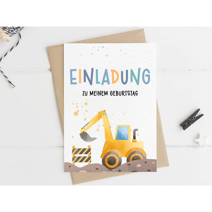 Invito di compleanno per bambini Excavator per la vendita all'ingrosso da parte di MojiTags