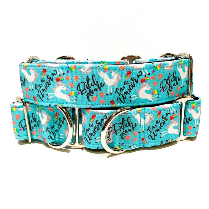 B!tch Please I'm A Unicorn Blue Dog Collar for wholesale by Wiggle Bumz