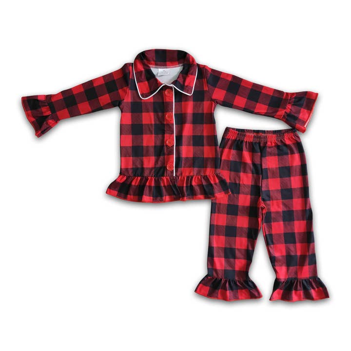 Black red plaid girls ruffle Christmas pajamas for wholesale by Yawoo Garments