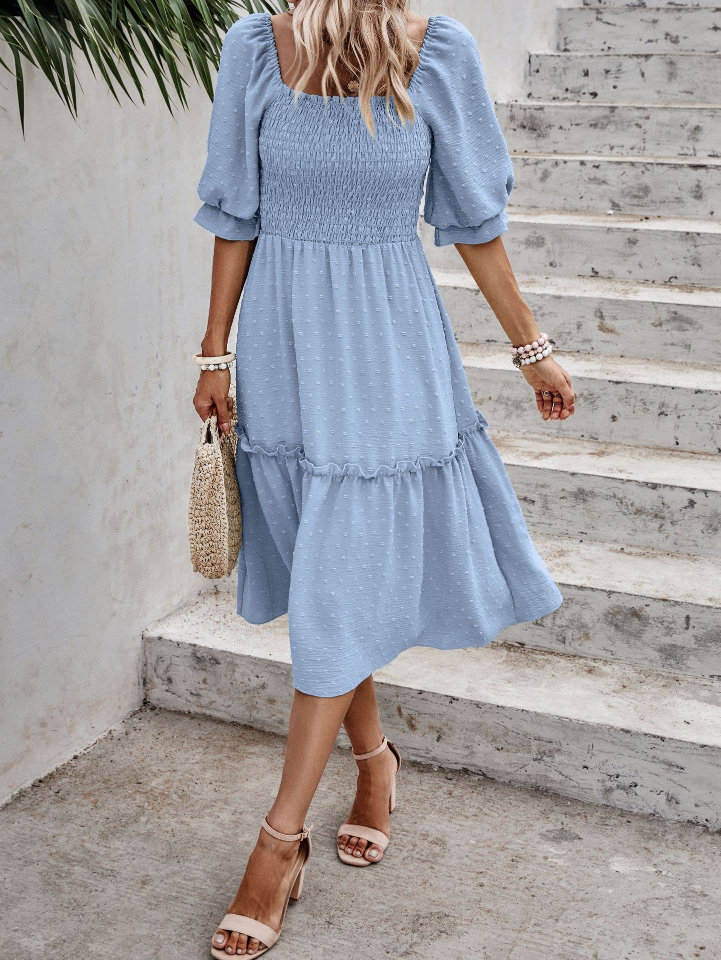 eLook – Großhandel Kleid – Damen – SZ1-DR6227 Swiss Dots Gemustertes Midikleid mit halben Ärmeln8