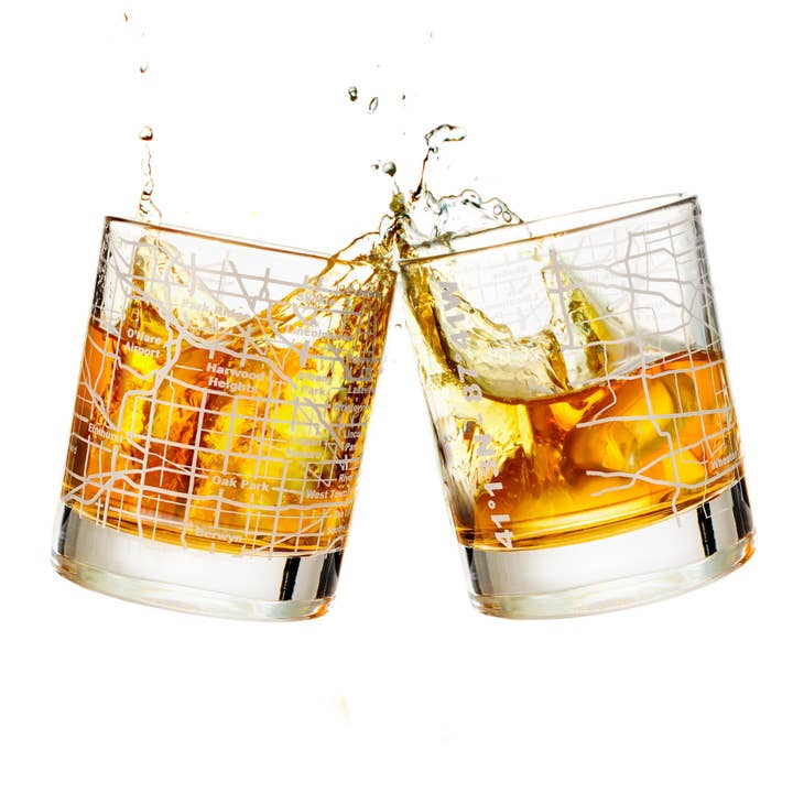 Chicago Etched Street Grid Whiskey Glasses for wholesale by Greenline Goods