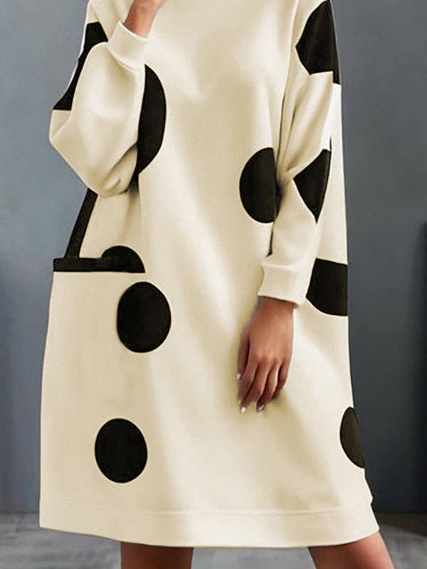 WHITE BLACK Long Sleeves Loose Pockets Polka-Dot Mock Neck Mini Dresses for wholesale on Faire4