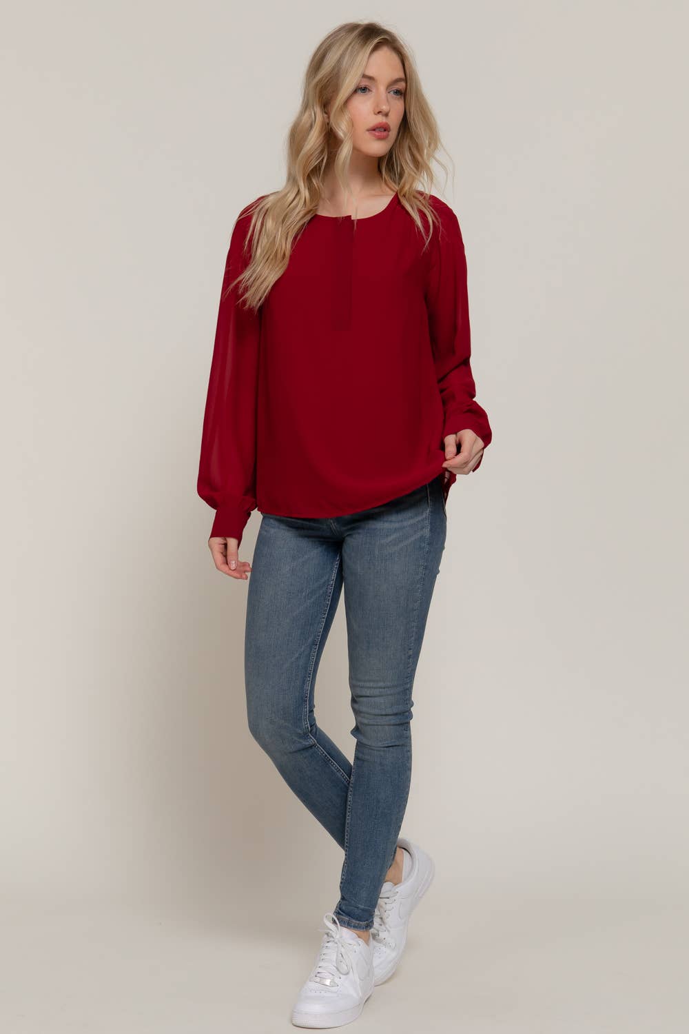Active Basic | Active USA - Wholesale Blouse - Women's - Long Sleeve Round Neck with Hidden Placket Chiffon Blouse8