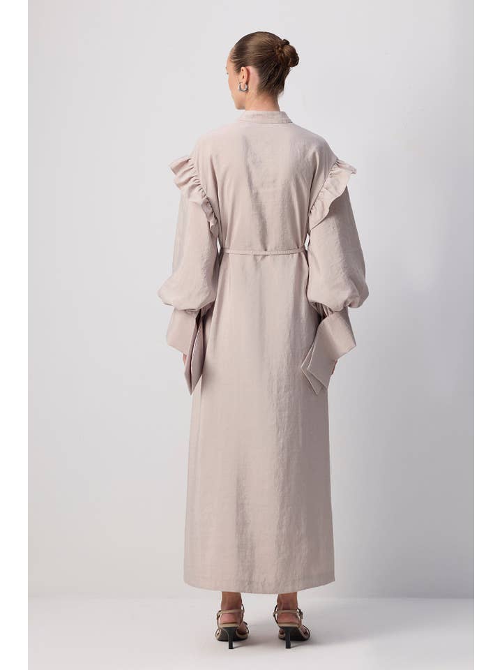Stone RUFFLED CUPRO MAXI SHIRT DRESS WITH STATEMENTS SLEEVES for wholesale on Faire