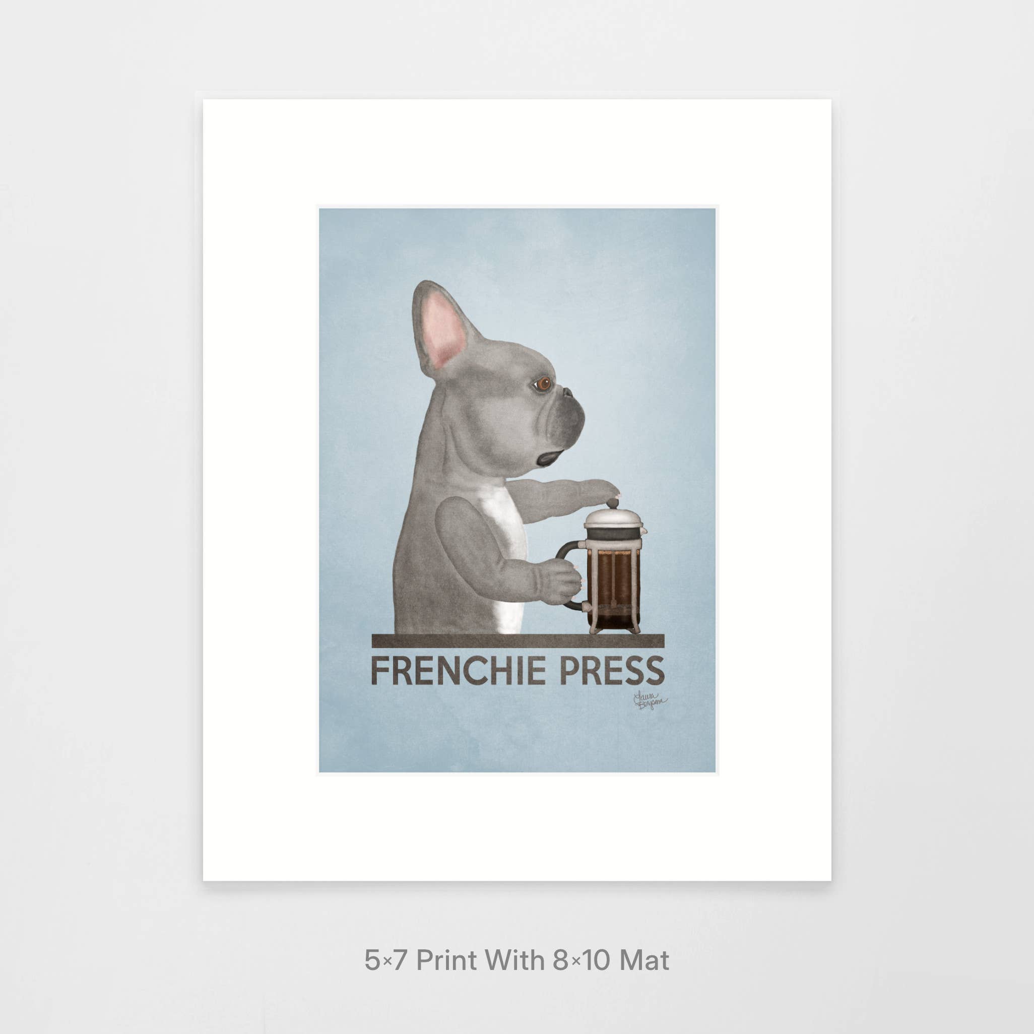 Laura Bergsma Studio – Engroshandel Kunsttryk – Fransk Bulldog Kunst Print, Frenchie Press, Blå m/BRN øje0