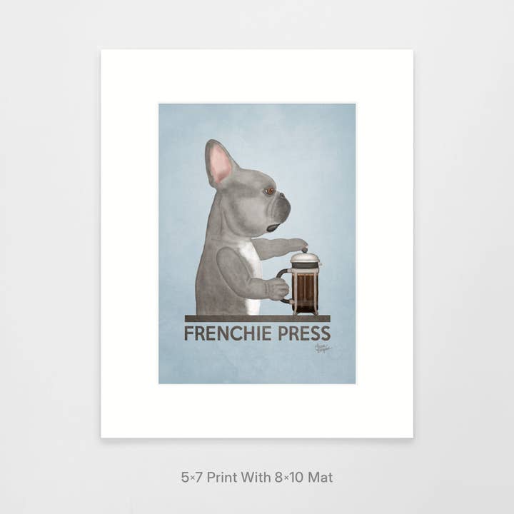 Laura Bergsma Studio – Engroshandel Kunsttryk – Fransk Bulldog Kunst Print, Frenchie Press, Blå m/BRN øje