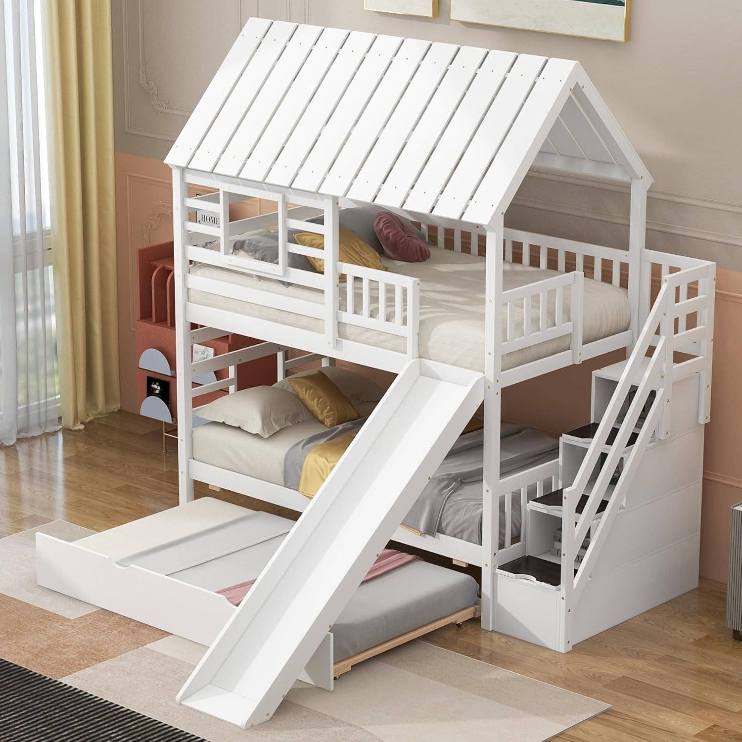 Kids Twin Over Twin Bunk Bed With Slide And Trundle White for wholesale on Faire3