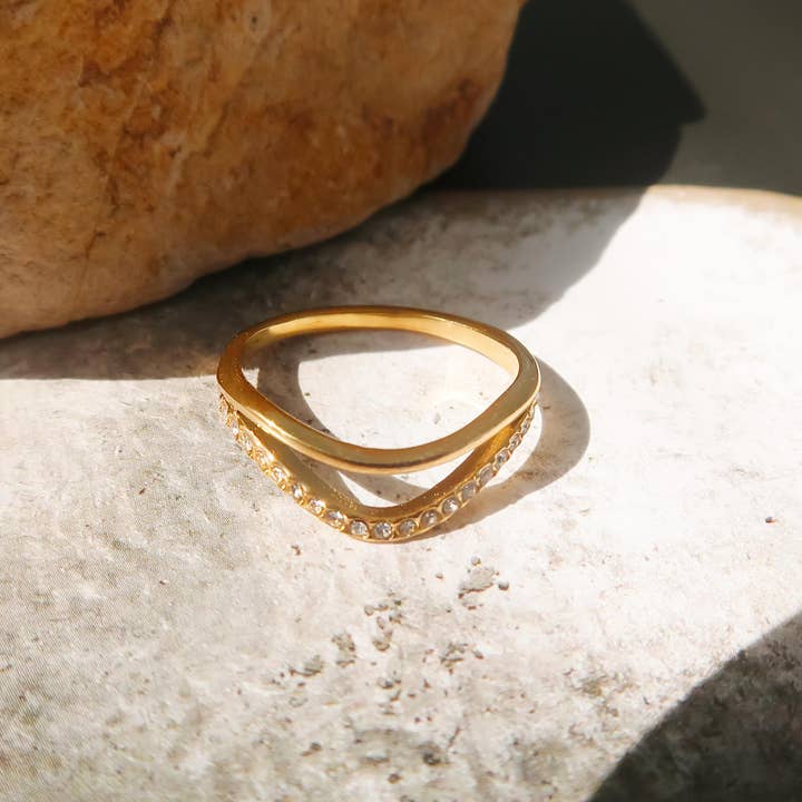 Orleans 18K Gold Non-Tarnish Layered V Rhinestone Ring for wholesale on Faire1