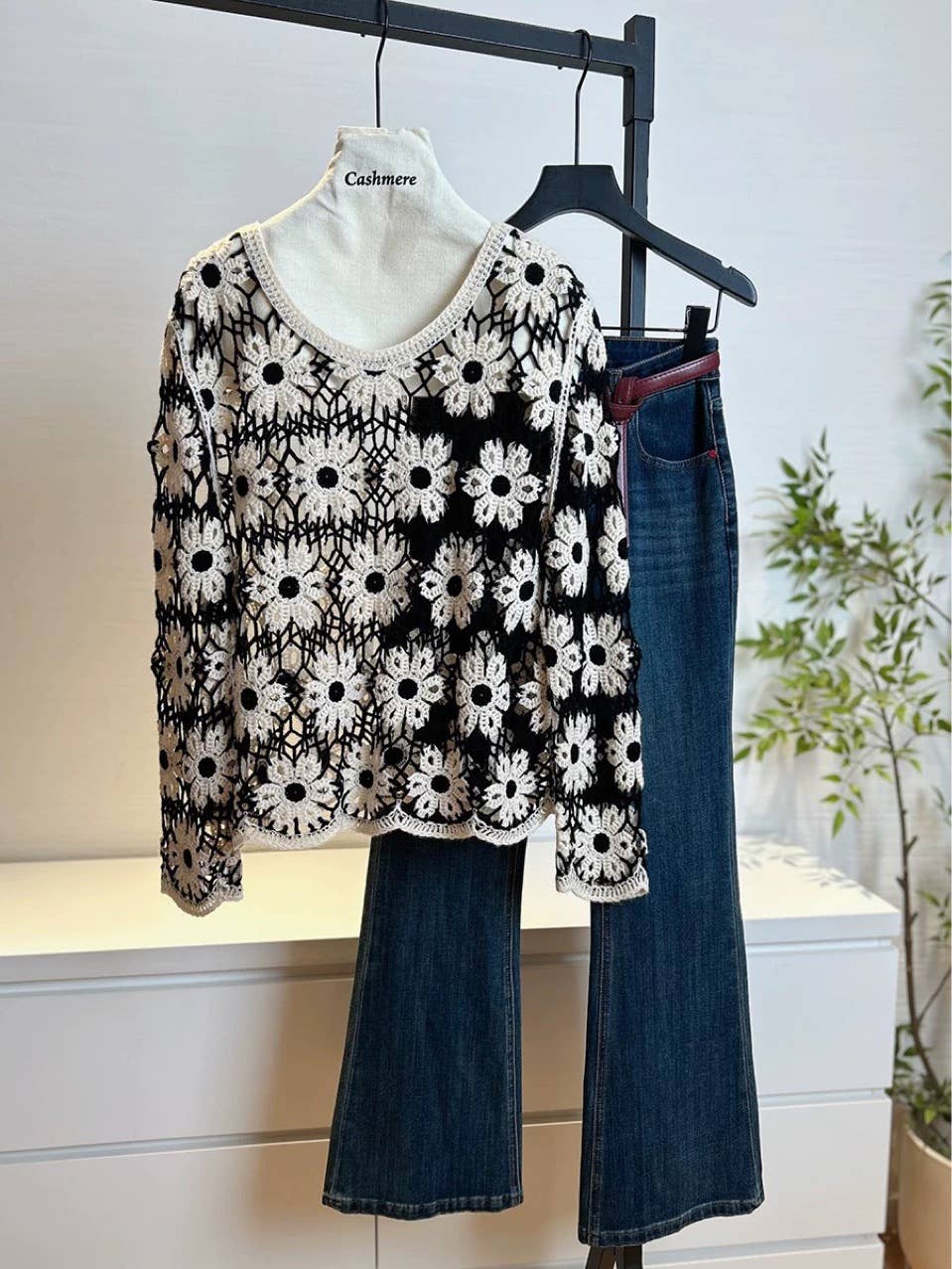 Noir Haut en maille crochet bohème à manches longues en vente sur Faire4