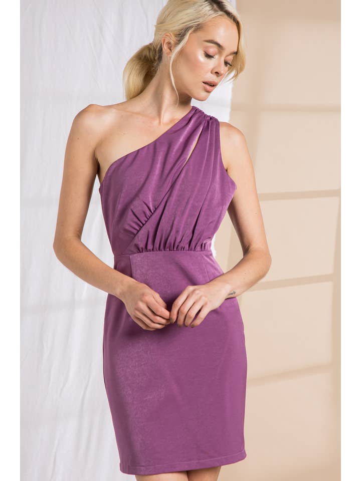 LENA - Wholesale Dress - Women's - Satin Cutout One Shoulder Pleats Mini Dress