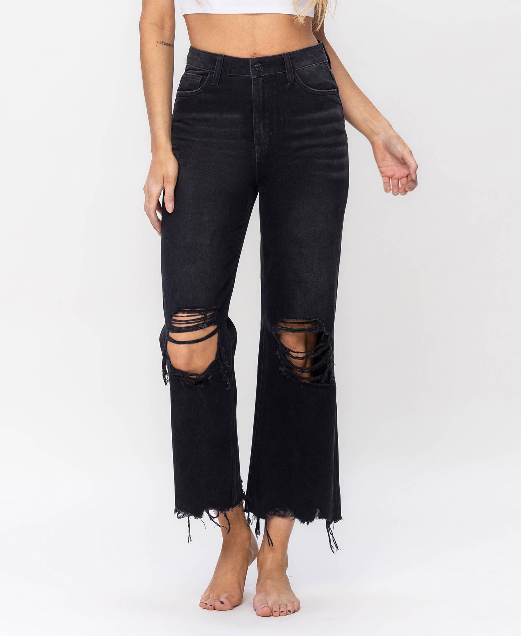 BLACK 90'S VINTAGE SUPER HIGH RISE CROP FLARE JEANS V2736BK for wholesale on Faire7