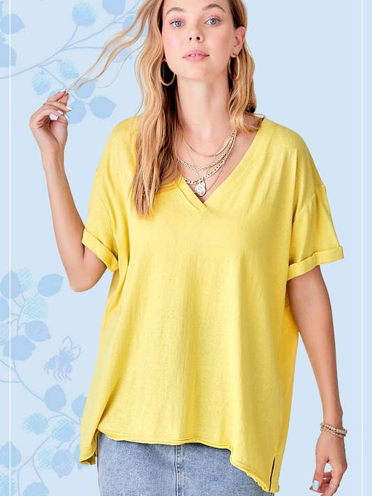 JAT7460-Lightweight Casual V-neck Rolled Short Sleeve Top for wholesale by La Miel