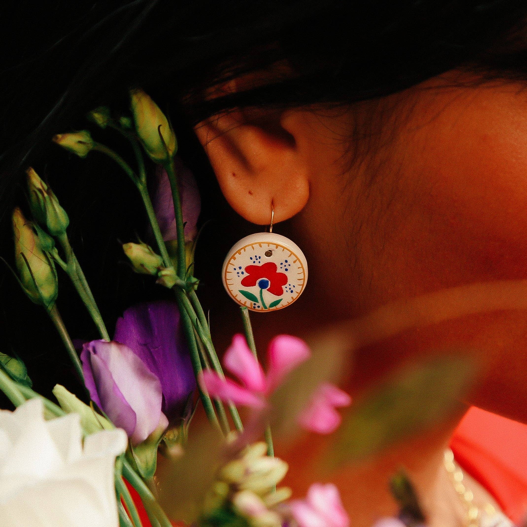 ARMERIA BIJOUX - Wholesale Dangle Earrings - RED FLOWER EARTHENWARE EARRINGS - FAIENZ1