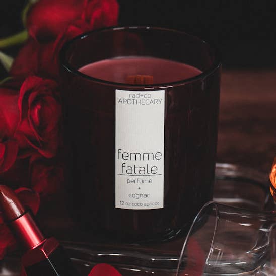 12oz wooden wick candle; coco apricot wax; perfume + cognac for wholesale by rad+co APOTHECARY