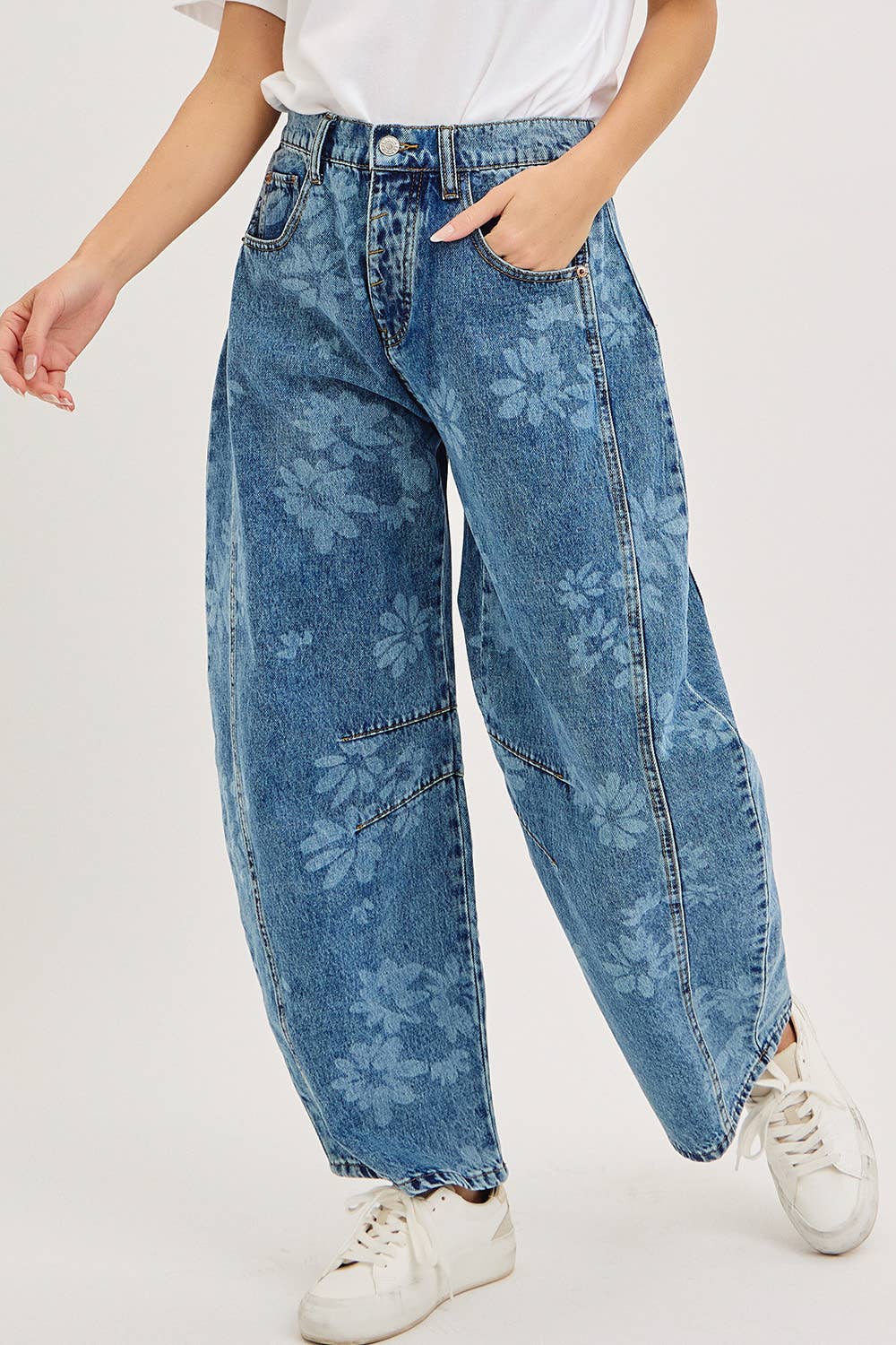 FLORAL PRINT DENIM BARREL JEANS for wholesale on Faire16