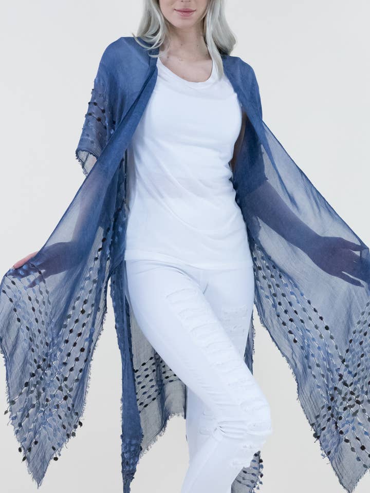 Natural Wash Sheer Kimono w/ Chenille Detail (One Size) for wholesale by Original USA