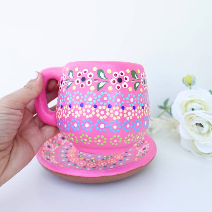Doña Cata Art - Wholesale Coffee Mug - Taza mexicana Barro Clay with plate