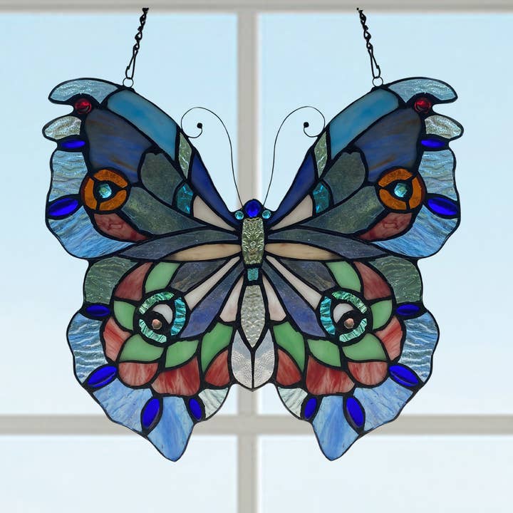 12"H Grayson Purple, Blue & Red Butterfly Window Panel for wholesale by River of Goods