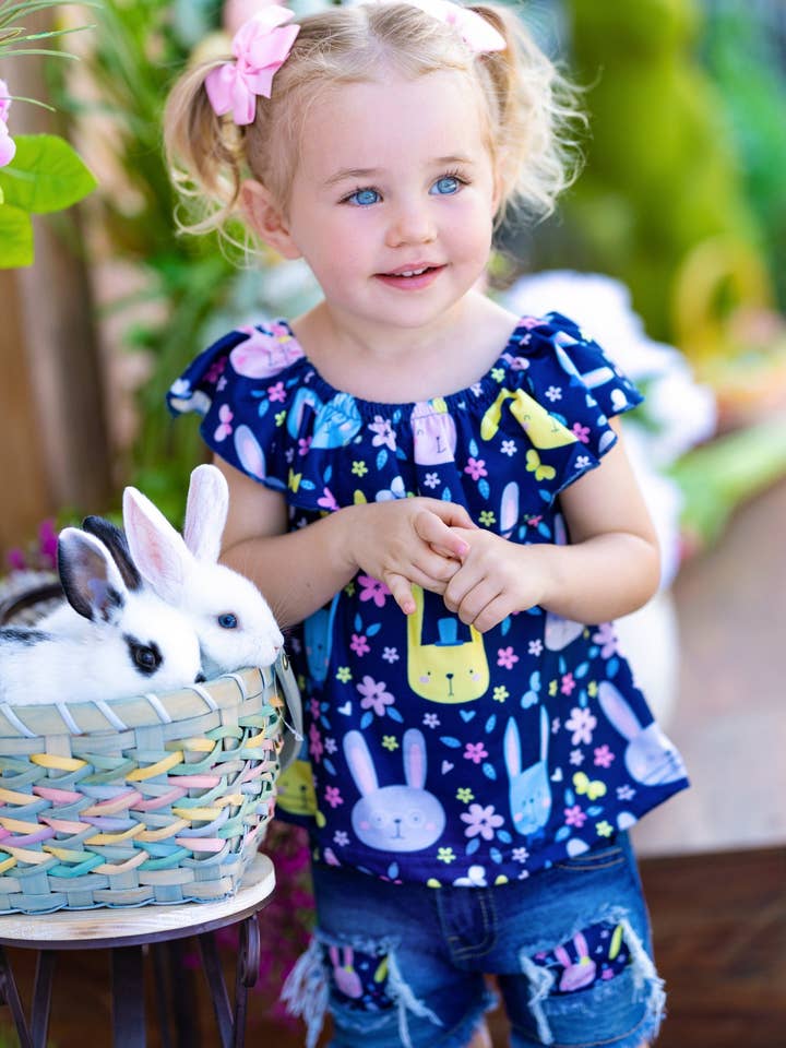 Set di pantaloncini di jeans con toppe Bunny Blossoms per la vendita all'ingrosso da parte di Mia Belle Girls • Wholesale