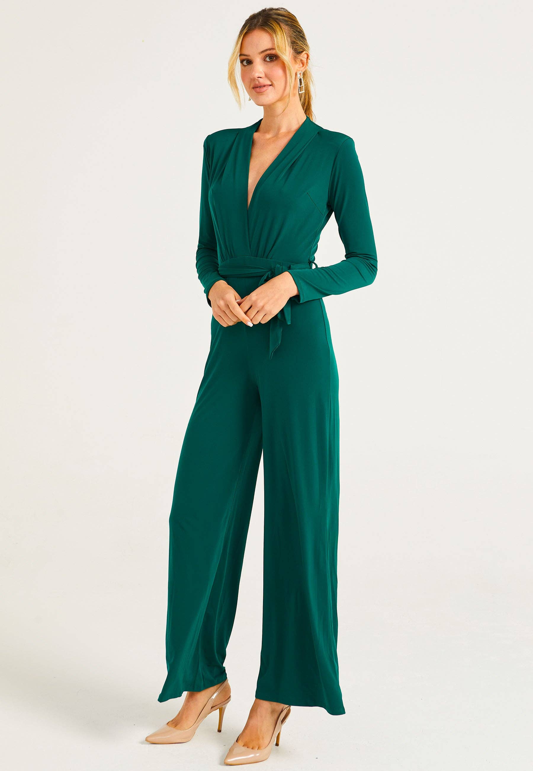 ANGELEYE – wholesale Jumpsuit – Women's – Plunge Neck Wide Leg Jumpsuit With Long Sleeves in Green1