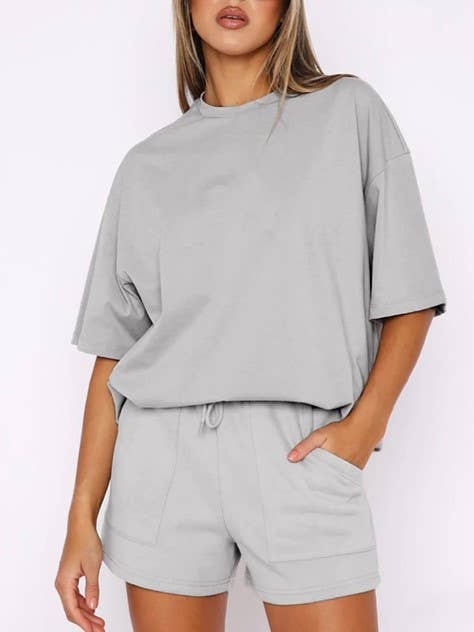 HIDDENBRAND - Wholesale Lounge Set - Women's - Half Sleeve Basic T-shirt 2 Piece shorts Set3