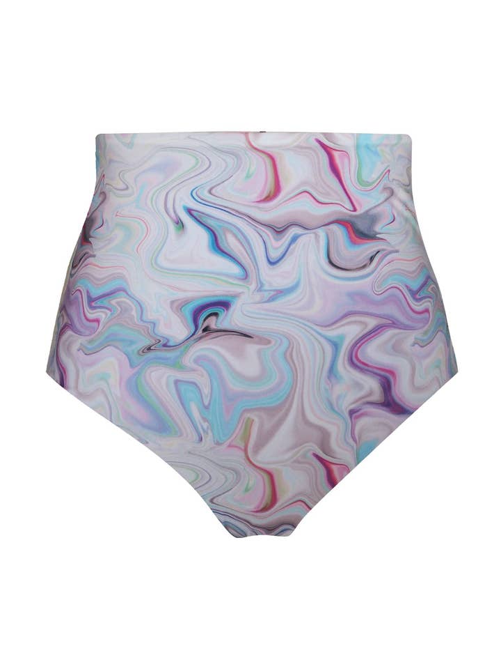 Positano High-waist Reversible Bottom | White Swirl/Lilac for wholesale by AURAI SWIMWEAR