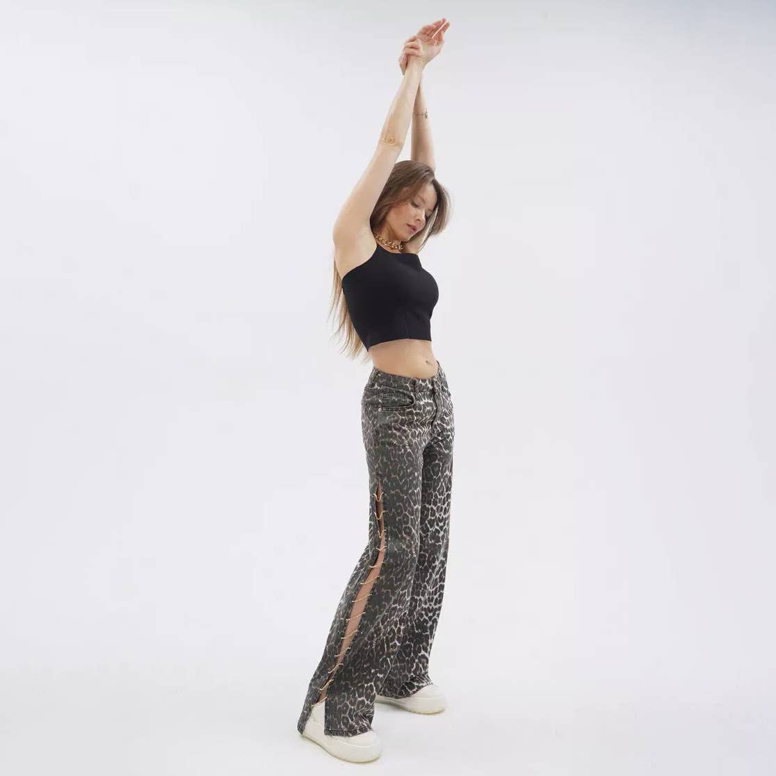 Luipaard Jeans met luipaardprint voor dames, losse, lage taille, zijsplit, casual voor groothandel op Faire6