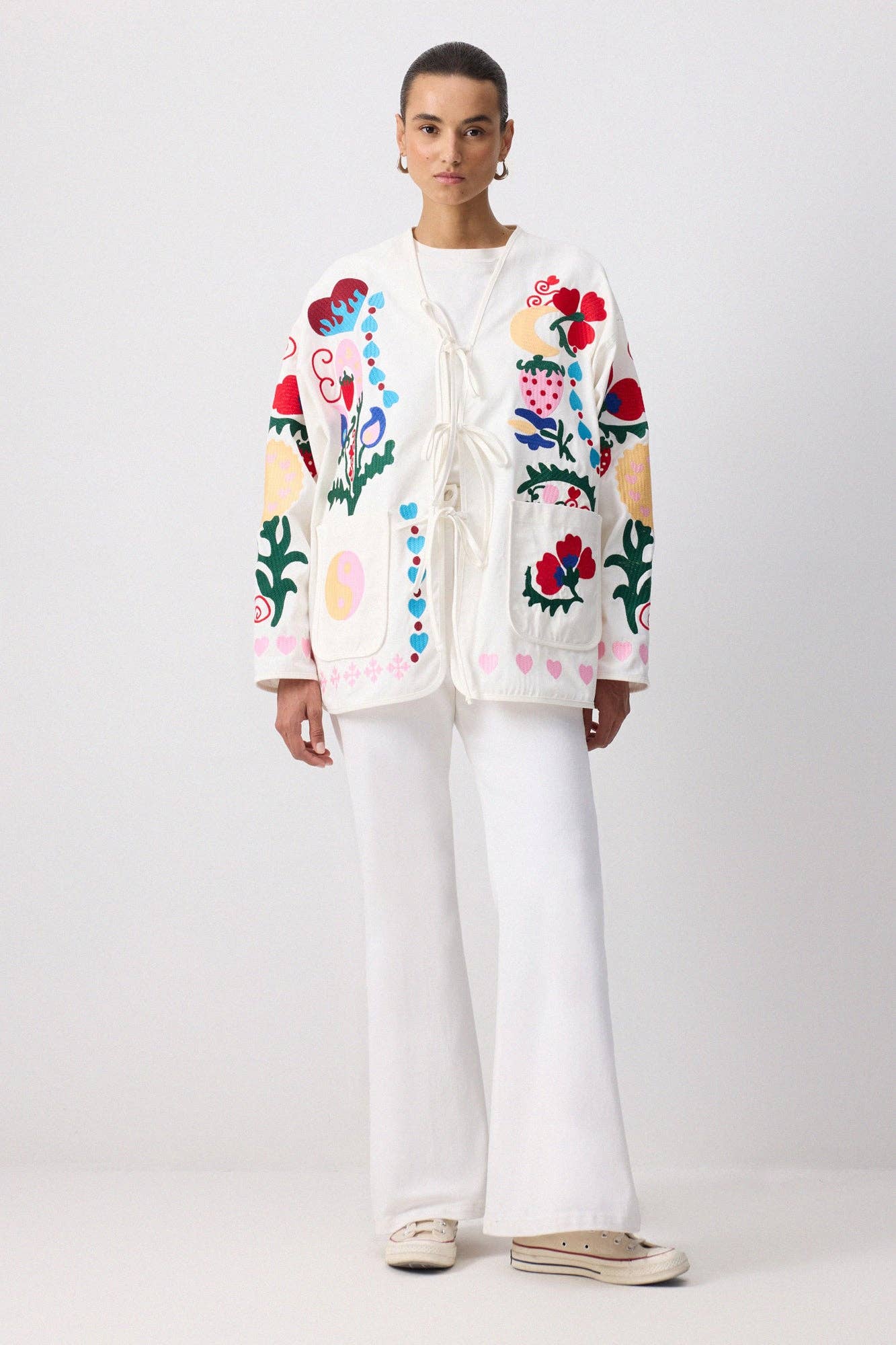 Ecru Whimsical Folk Embroidered Gabardine Jacket for wholesale on Faire3