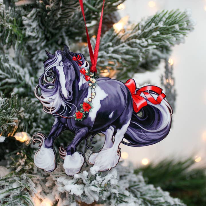Classy Equine - Wholesale Ornament - Gypsy Vanner Horse Christmas Ornament - Black and White Tobiano Horse II