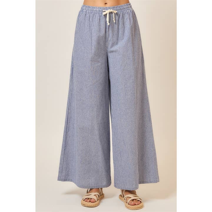 Pinstripe Wide Leg Pants with Drawstring for wholesale by Cozy Casual, Inc.