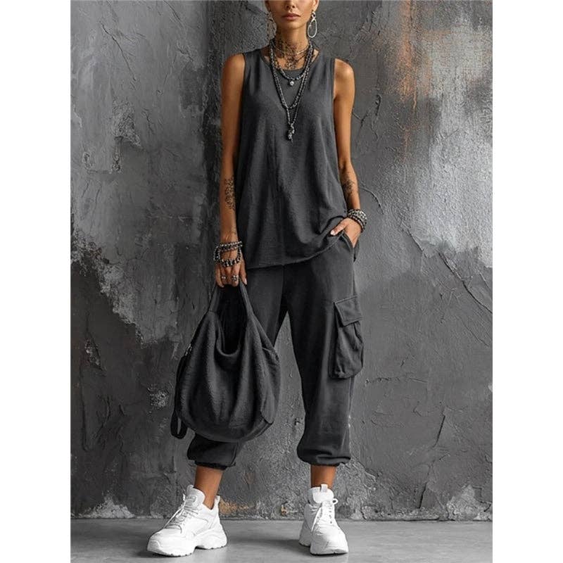 MoodGold - Wholesale Top & Pant Set (NOT Loungewear) - Women's - Plain Sleeveless Tank Top And Cargo Pants Set Loose  Streetwear0