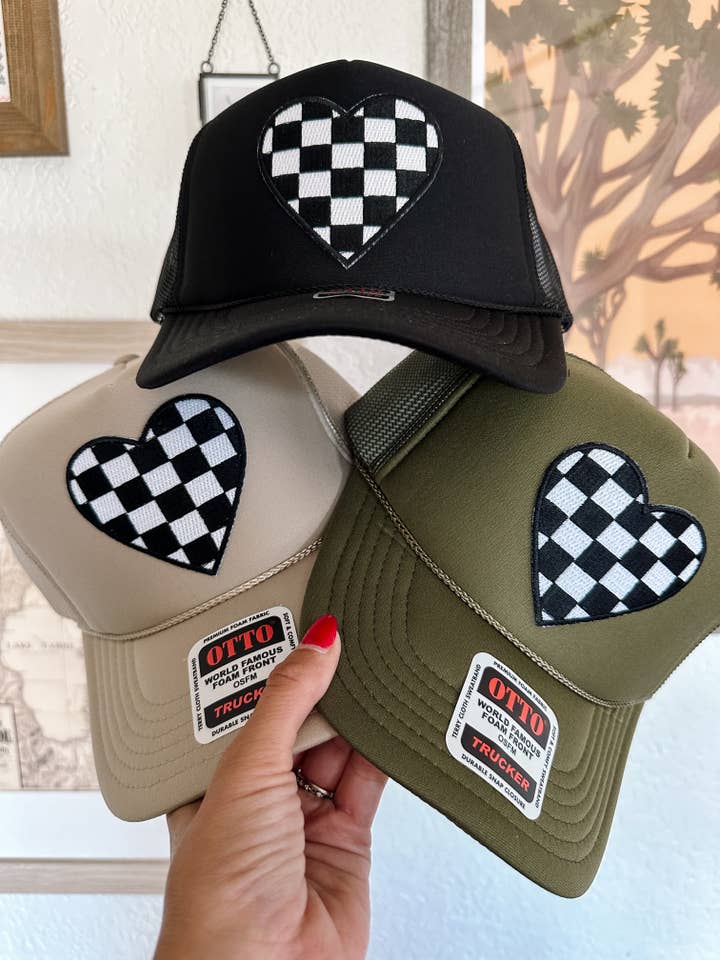Checkered Heart Patch Trucker Hat for wholesale by DENVERCO.