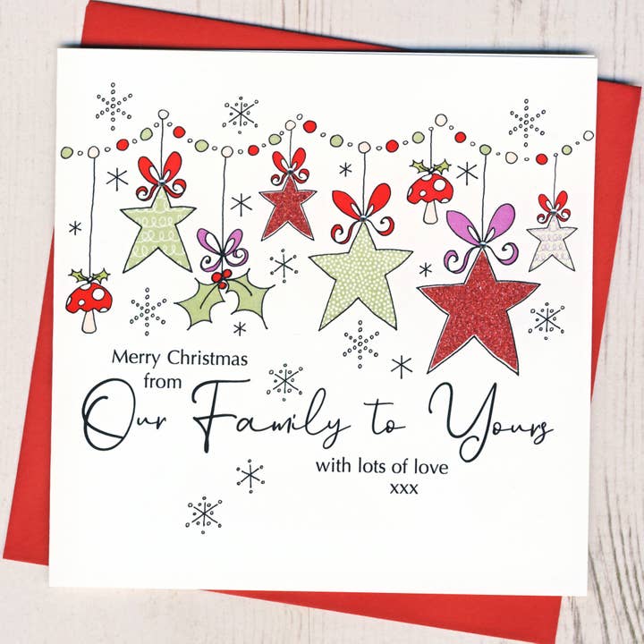 Merry Christmas From Our Family To Yours Card for wholesale by Eggbert & Daisy