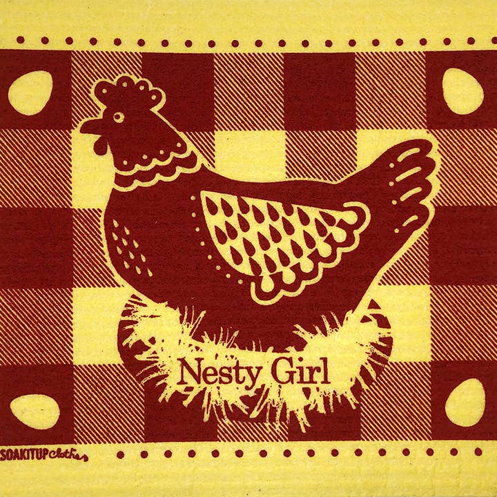 "Nesty Girl" Chicken Hen Yellow or Blue Swedish Dishcloth for wholesale by Soak iT Up Eco-friendly Greetings + Gifts