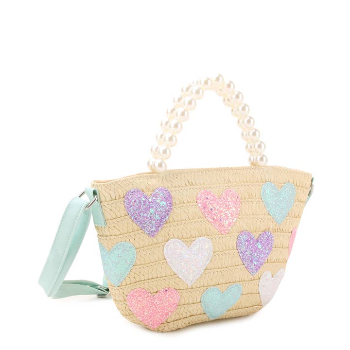 OMG Accessories - Wholesale Tote Bag - Kids - Glitter Hearts Straw Pearl Handle Tote Bag2