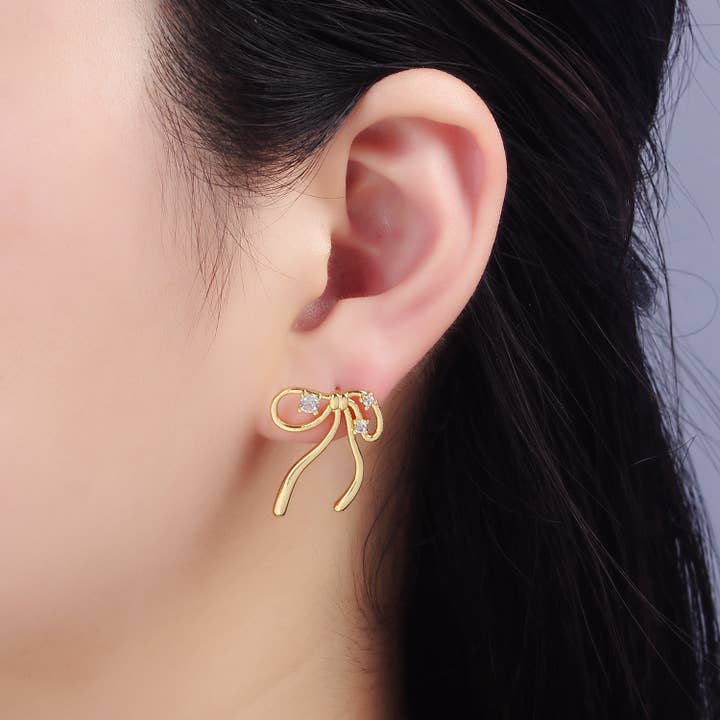 Aim Eternal - Wholesale Stud/Post Earrings - 14K Gold Filled CZ Coquette Ribbon Tied Bow Stud Earrings |