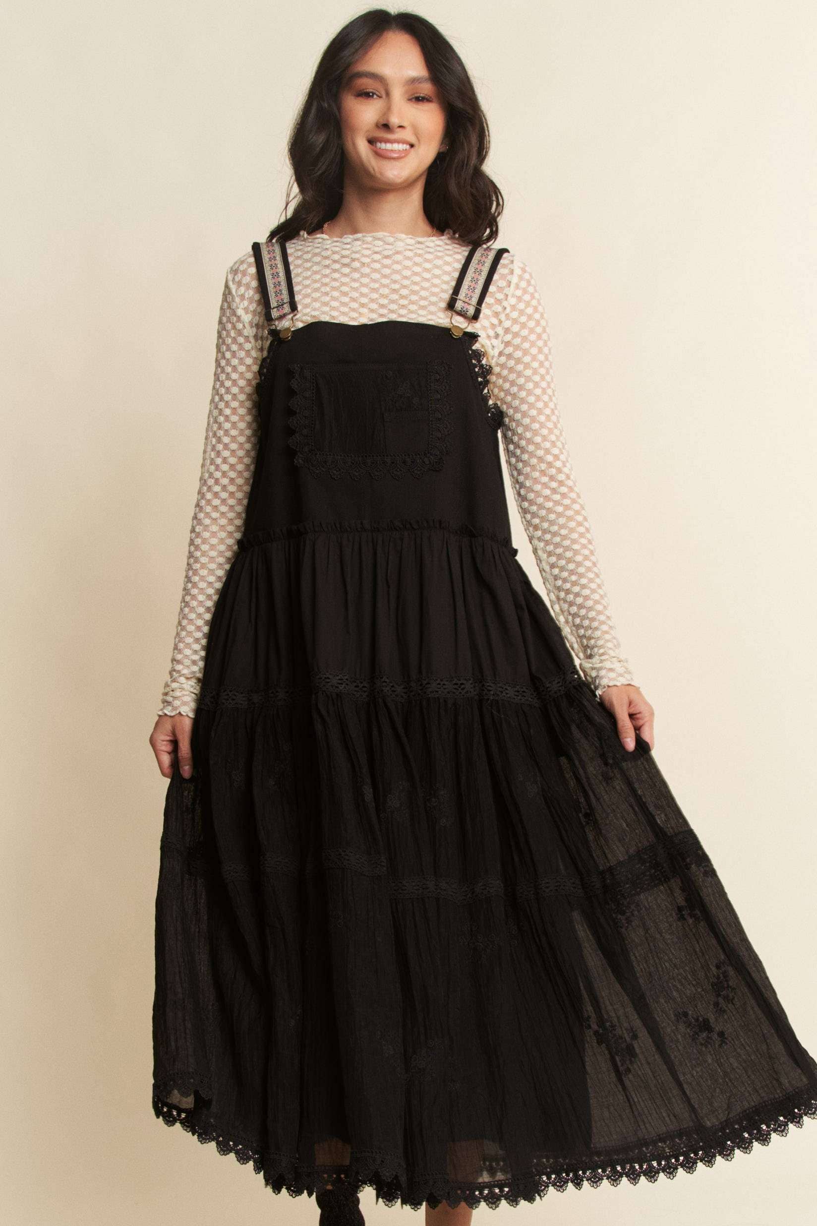 Davi & Dani - Wholesale Dress - Women's - FRONT POCKET EMBROIDERED LACE PINAFORE DRESS4