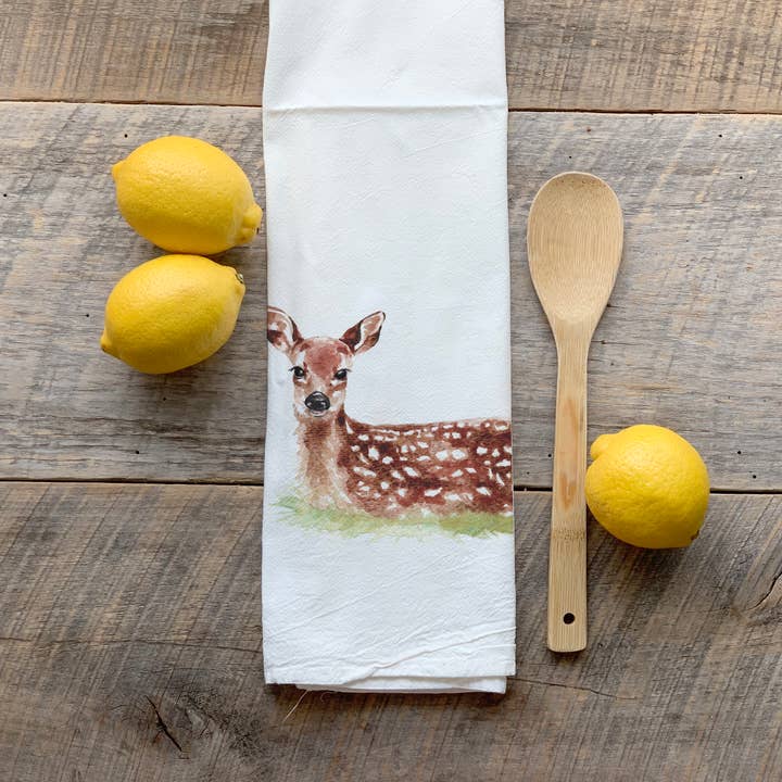 Watercolor Laying Deer Flour Sack Tea Towel for wholesale by Meadowbrook Lane