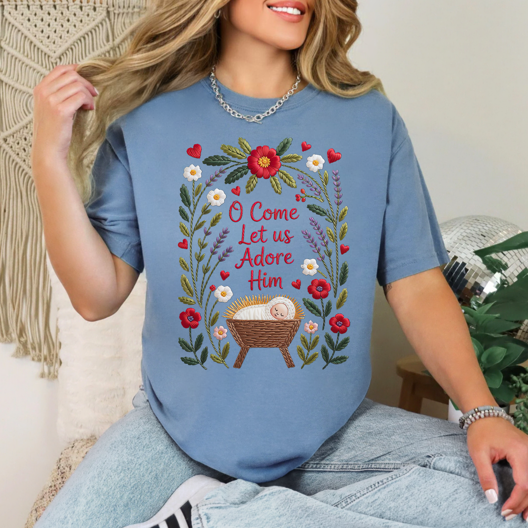 Scripted Pearl - Wholesale T-Shirt (Graphic) - Women's - O Come Let Us Adore Him Comfort Colors Christmas T Shirt7