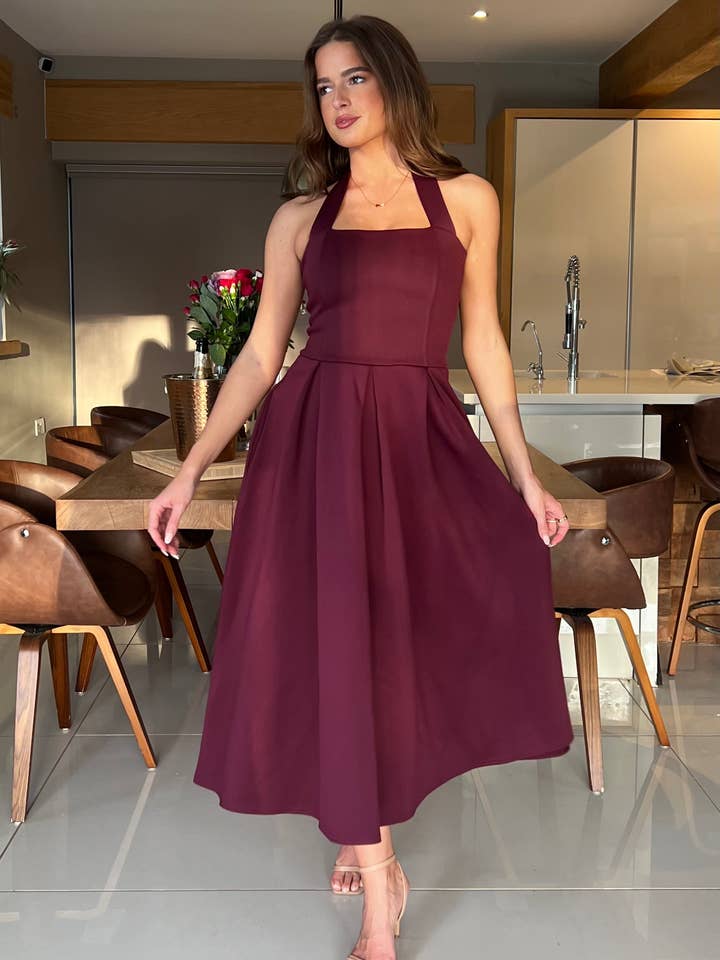 Briar Halterneck Pleated Skirt Midi Dress Plum for wholesale by Girl in mind