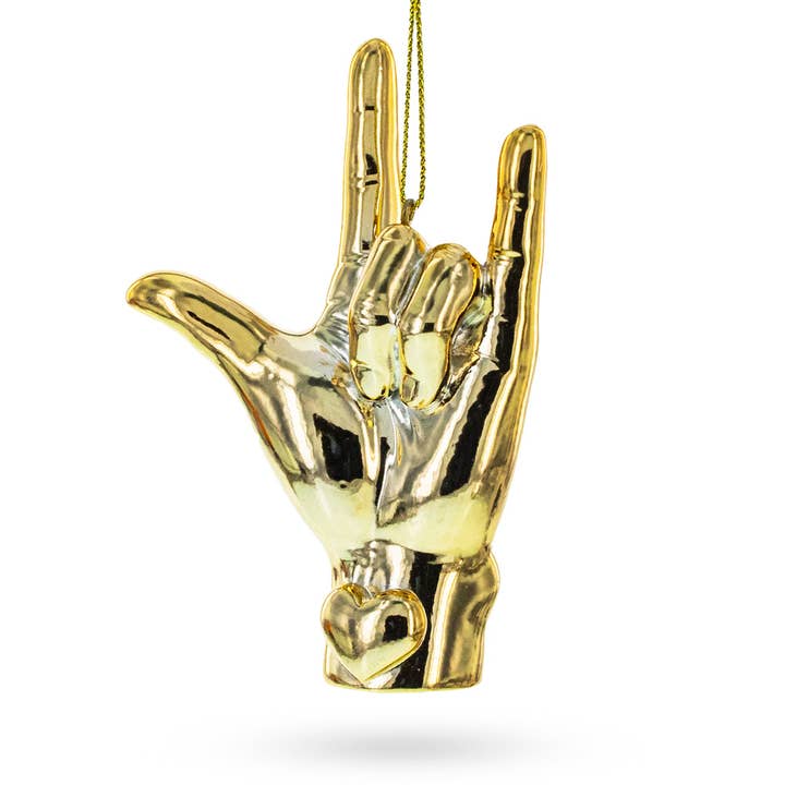 BestPysanky – Ornamento por atacado – Ornamento de Vidro "Amo-te" em Língua Gestual Dourada1