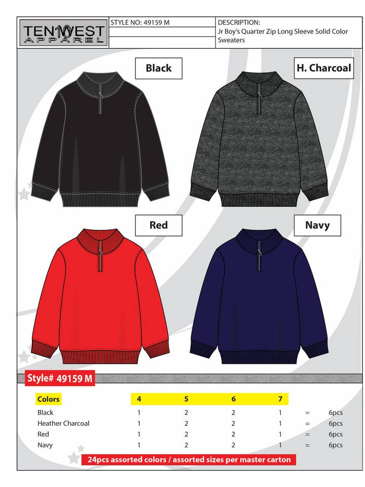 Drenge 4-7 1/4 lynlås ensfarvet sweater for engroshandel hos Ten West Apparel