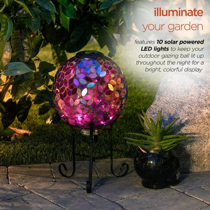Alpine Corporation - Wholesale Outdoor Ornament/Decor - Alpine Solar Mosaic Leaves Purple Gazing Globe with Stand