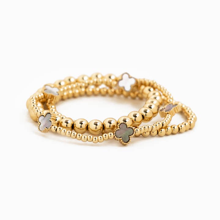 Sessori - Wholesale Jewelry Set - MOP Clover Stretch Beaded Bracelets, Set of 3