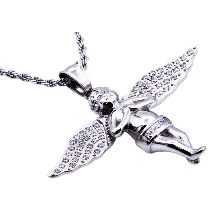 Men's Stainless Steel Cherub Pendant With Cubic Zirconia for wholesale by Blackjack Mens Jewelry