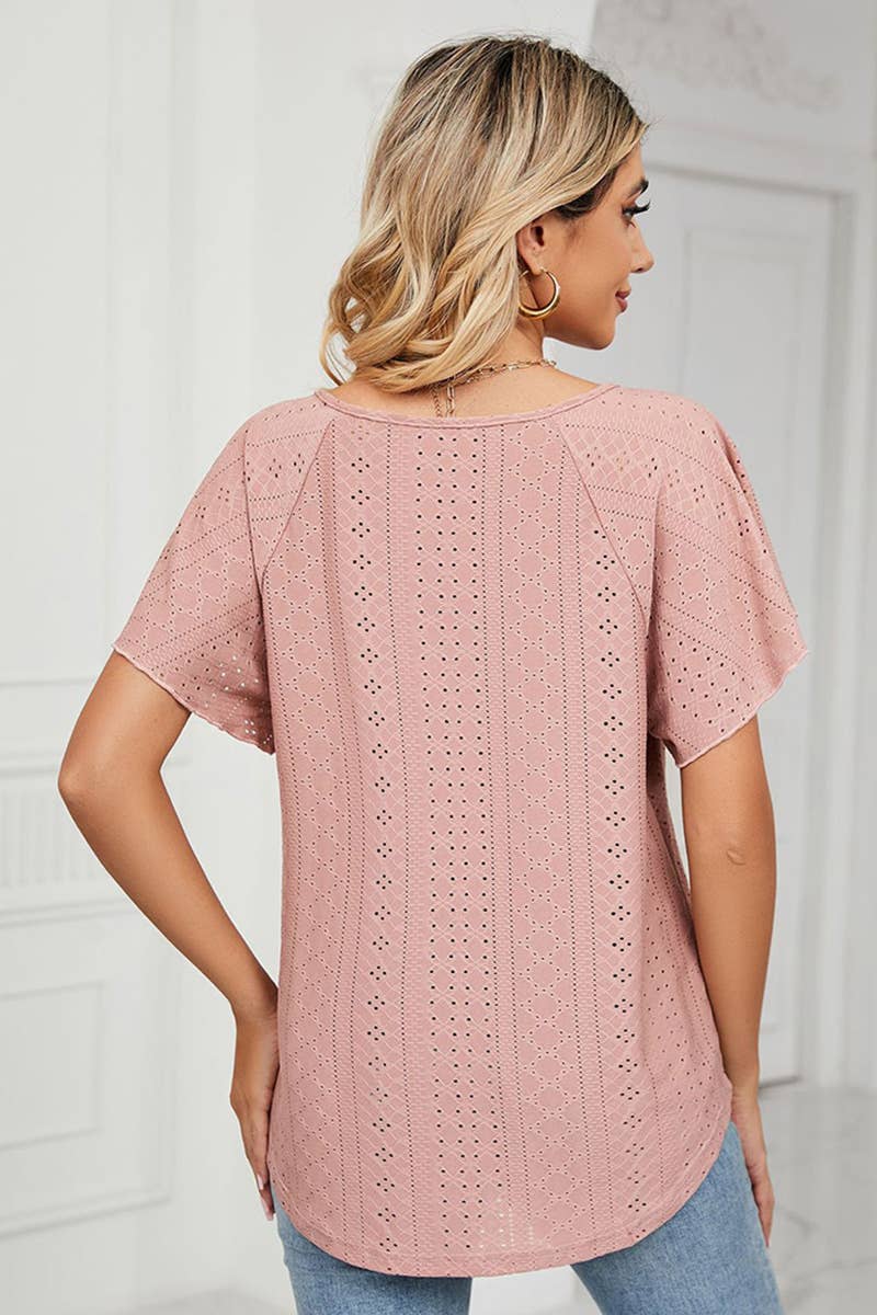 Lily Clothing - Wholesale Blouse - Women's - CWTTS0472_V NECK PUNCHING LACE UP RUFFLE LOOSE TOP15