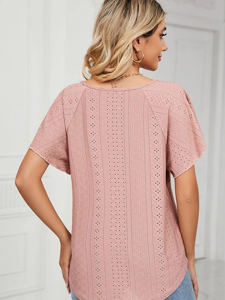 Lily Clothing - Wholesale Blouse - Women's - CWTTS0472_V NECK PUNCHING LACE UP RUFFLE LOOSE TOP15