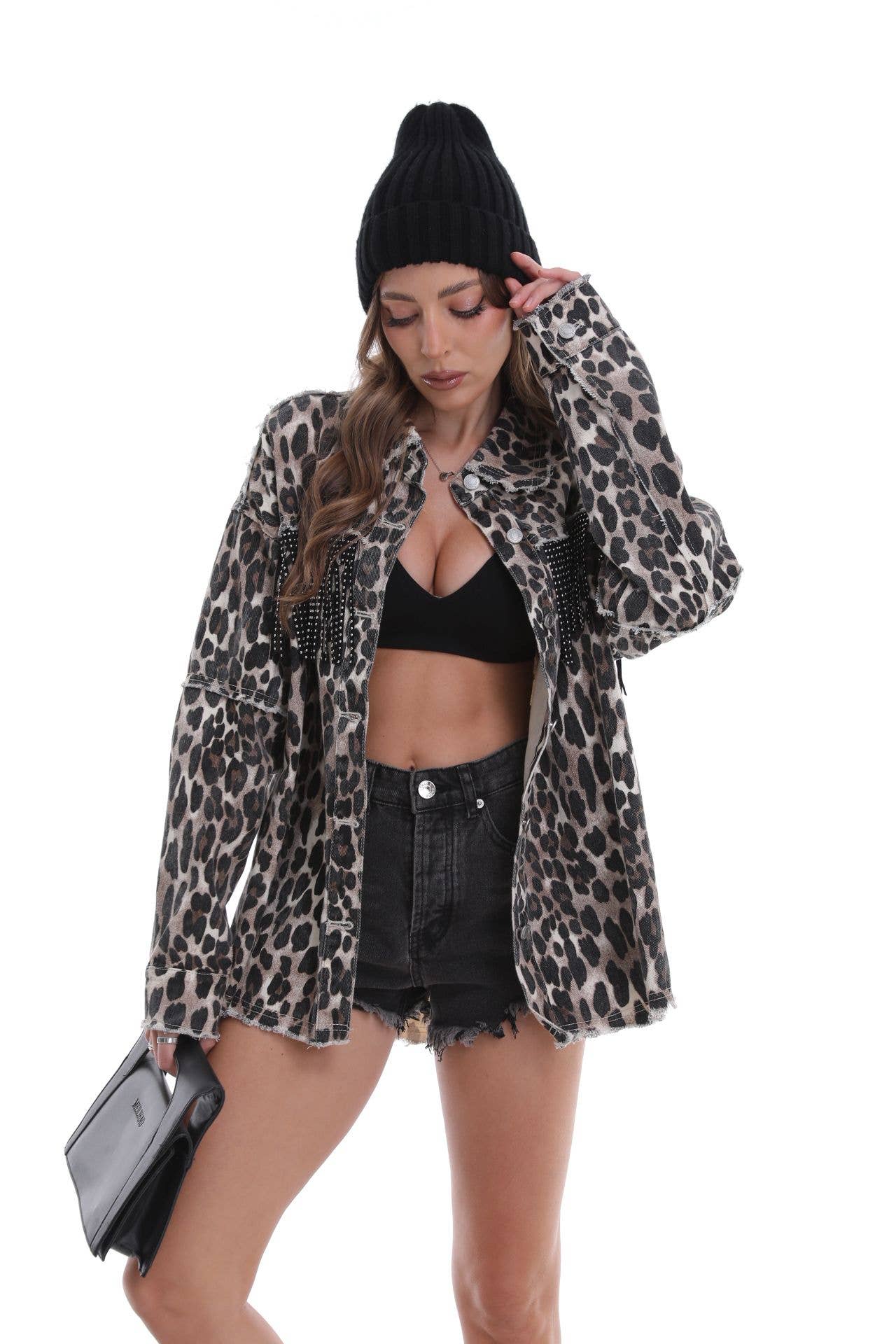 Beige 7310 Leopard print denim jacket with fringes for wholesale on Faire